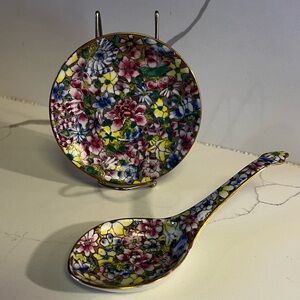 Porcelain Handpainted Gold Leaf Rose Famille Millefleur Plate and Spoon Set